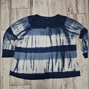 Lucky Brand Navy and White Tie-Dye Long Sleeve Top 3X